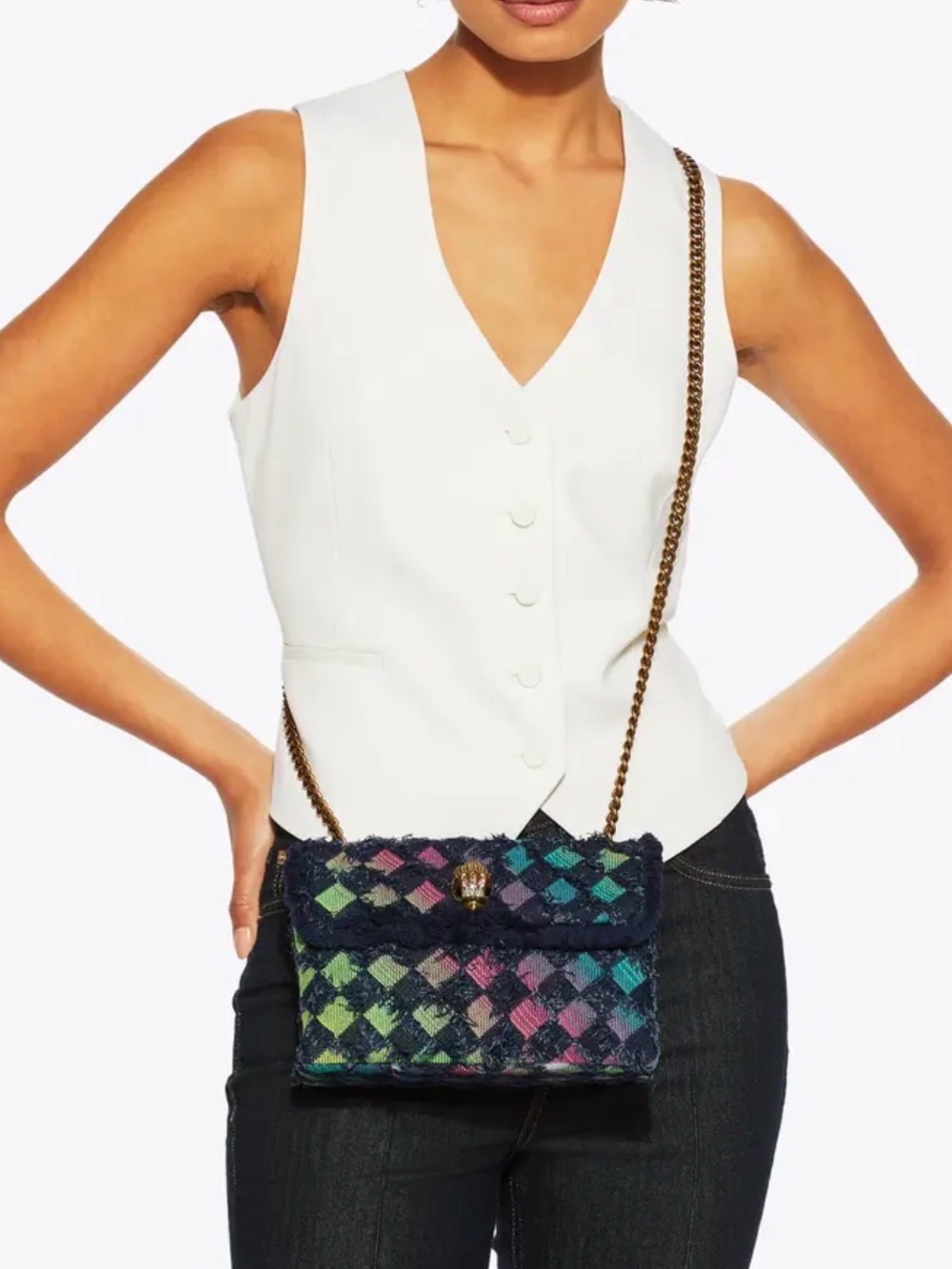 Kurt Geiger Fringed Multi-Tone denim Chain Crossbody Bag - Picture 7 of 11